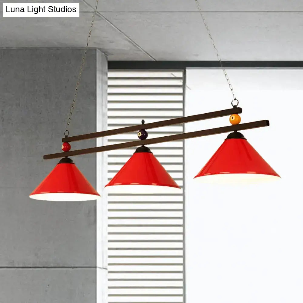Decorbites black red industrial cone shade ceiling pendant with three metal heads and wooden bar suspension