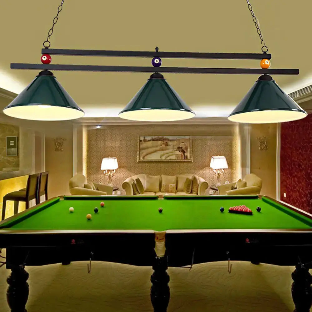 Decorbites black red industrial cone shade ceiling pendant with three dark green metal heads and billiard ball deco