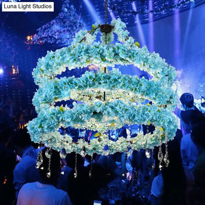 Industrial Blue Circle Pendant Chandelier with LED Down Lighting and Crystal Accent - 6 Heads, 31.5"/39" W