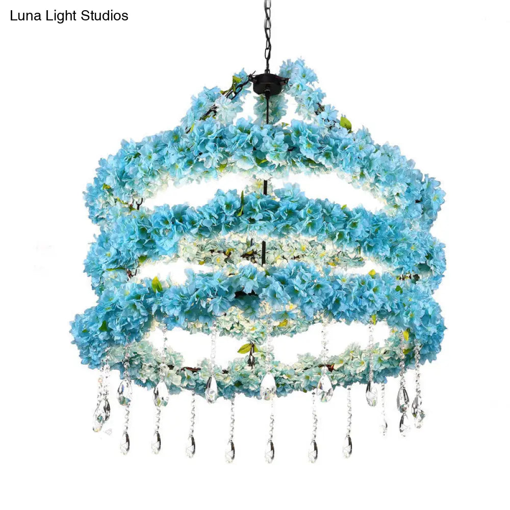 Industrial Blue Circle Pendant Chandelier with LED Down Lighting and Crystal Accent - 6 Heads, 31.5"/39" W