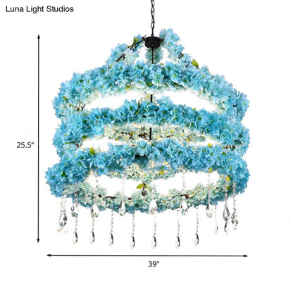 Industrial Blue Circle Pendant Chandelier with LED Down Lighting and Crystal Accent - 6 Heads, 31.5"/39" W