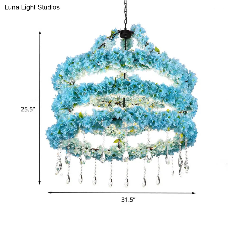 Industrial Blue Circle Pendant Chandelier with LED Down Lighting and Crystal Accent - 6 Heads, 31.5"/39" W