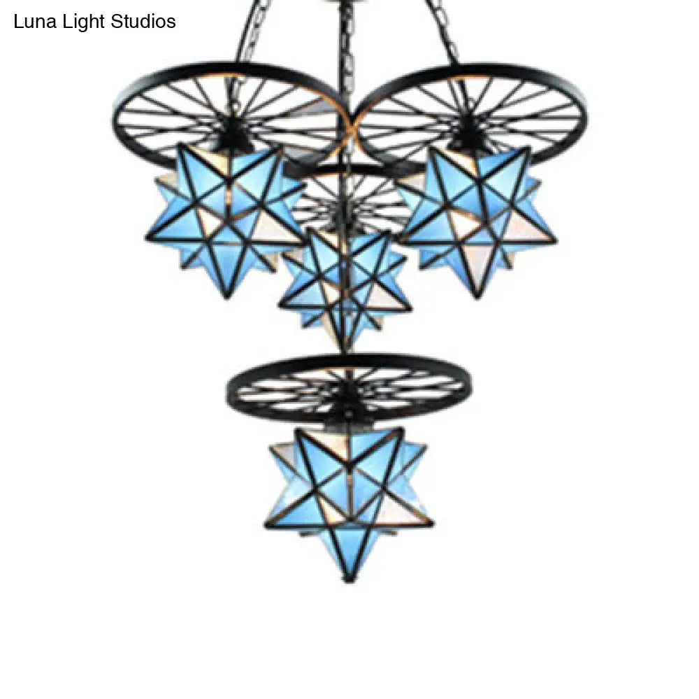 Industrial Blue Glass Tiffany Star Pendant Lamp with 4 Lights and Hanging Wheel