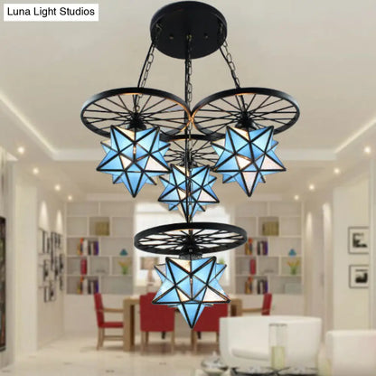 Industrial Blue Glass Tiffany Star Pendant Lamp with 4 Lights and Hanging Wheel