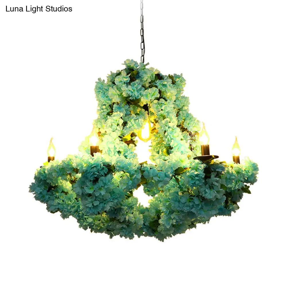 Industrial Blue Metal LED Candle Pendant Chandelier with Cherry Blossom Decoration - 6 Bulb Suspension Lighting Fixture