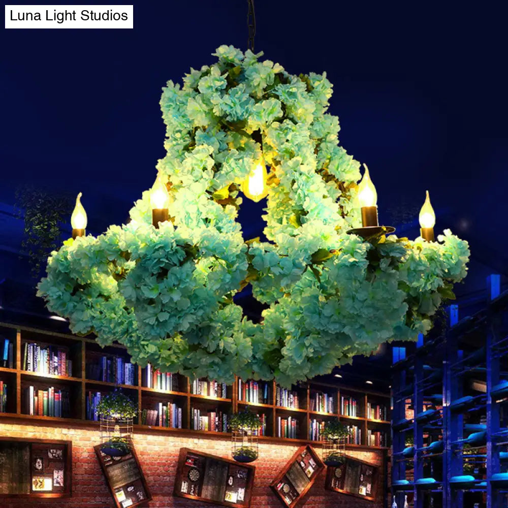 Industrial Blue Metal LED Candle Pendant Chandelier with Cherry Blossom Decoration - 6 Bulb Suspension Lighting Fixture