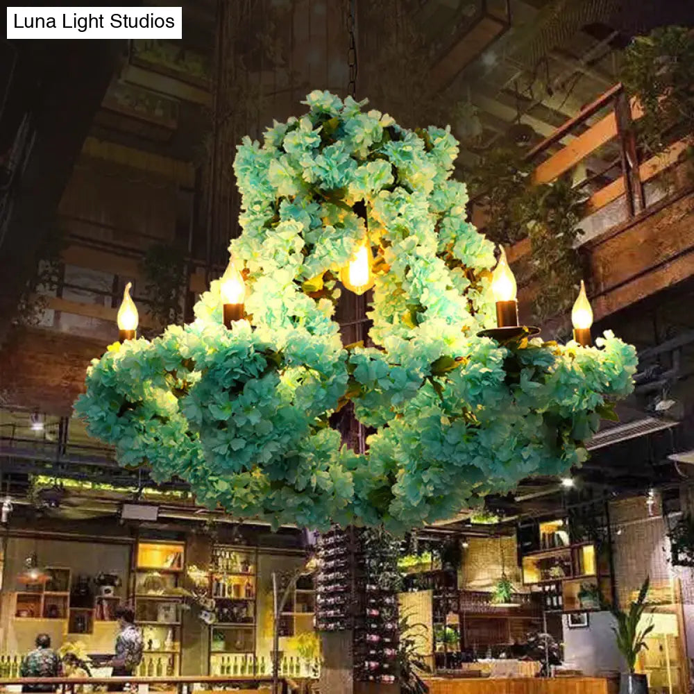 Industrial Blue Metal LED Candle Pendant Chandelier with Cherry Blossom Decoration - 6 Bulb Suspension Lighting Fixture