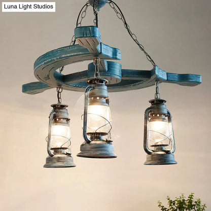 Industrial Blue Pendant Chandelier with Kerosene Clear Glass Shade - 3 Lights for Living Room