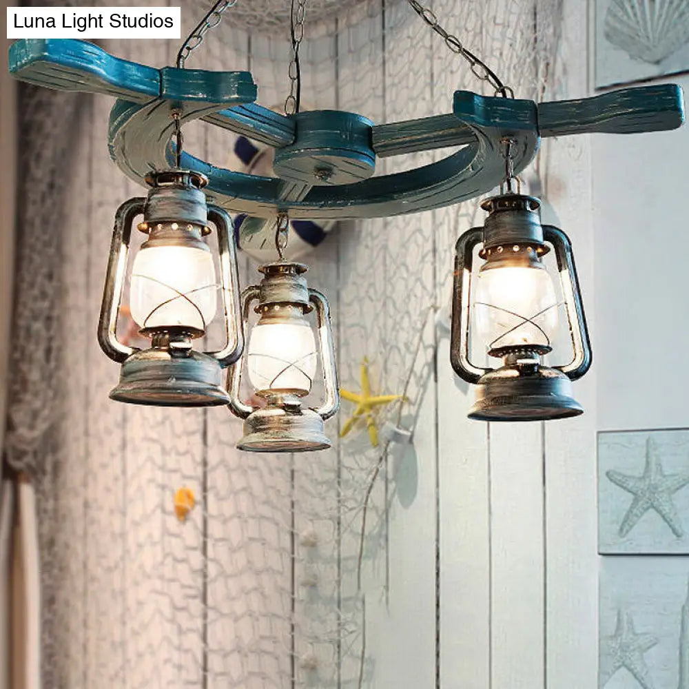 Industrial Blue Pendant Chandelier with Kerosene Clear Glass Shade - 3 Lights for Living Room