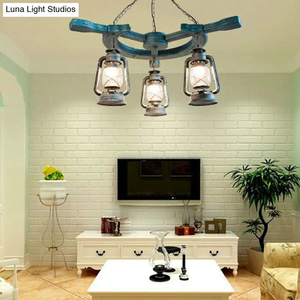 Industrial Blue Pendant Chandelier with Kerosene Clear Glass Shade - 3 Lights for Living Room