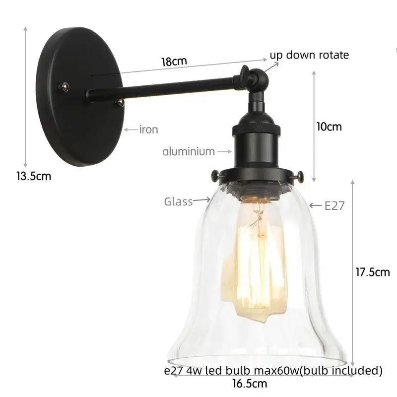 Black iron and aluminum industrial wall sconce with clear glass bell shade and e27 led bulb for bedroom decorbites industrial clear
