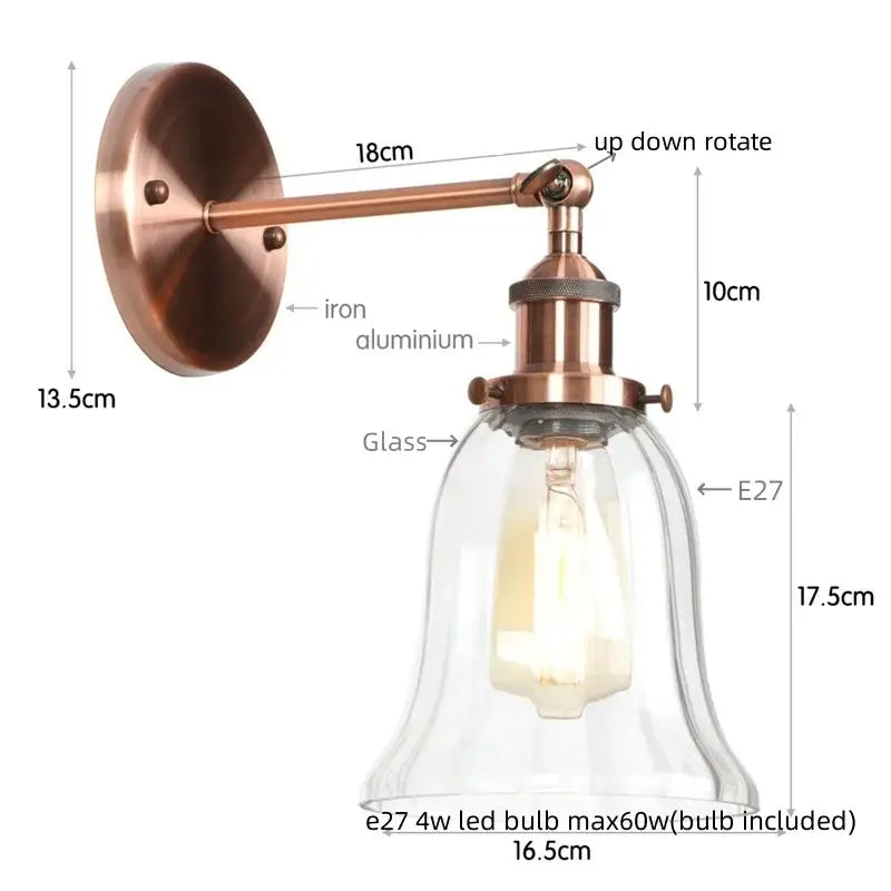 Copper-finished industrial brass wall sconce with clear glass bell shade and e27 led bulb for bedroom decorbites industrial clear