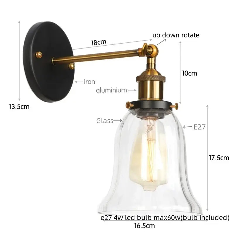 Industrial brass and clear glass wall sconce with black iron backplate and e27 led bulb for bedroom decorbites industrial clear