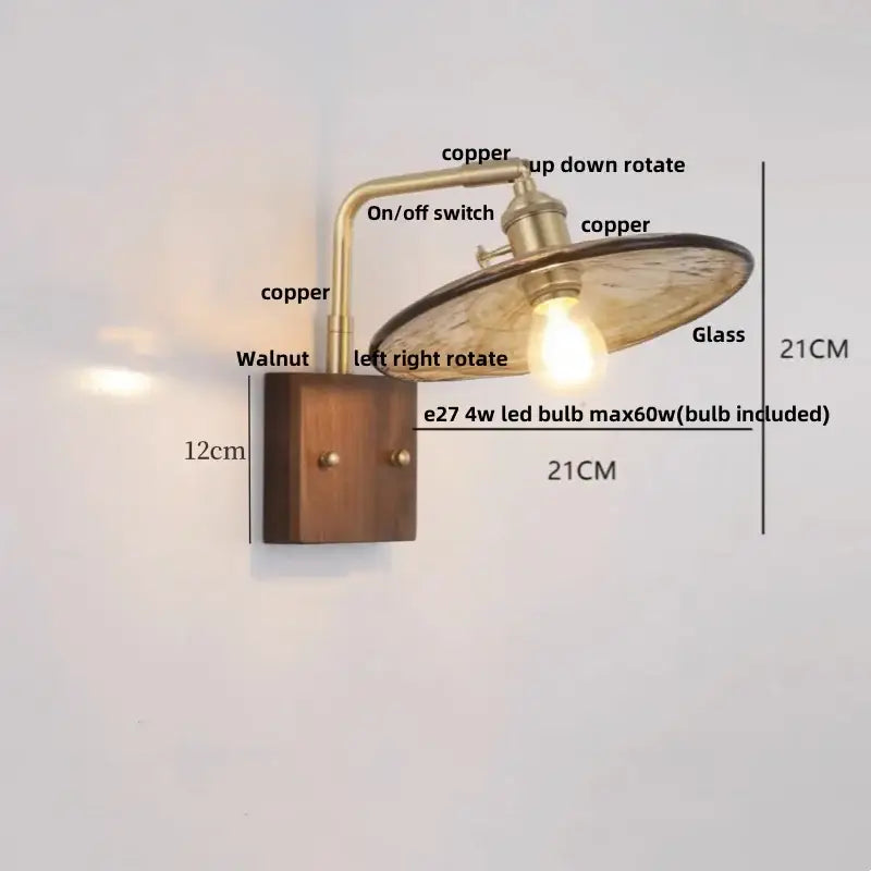 Copper-finished industrial brass and walnut led wall light with adjustable rotation and glass shade for bedroom decorbites led wall use