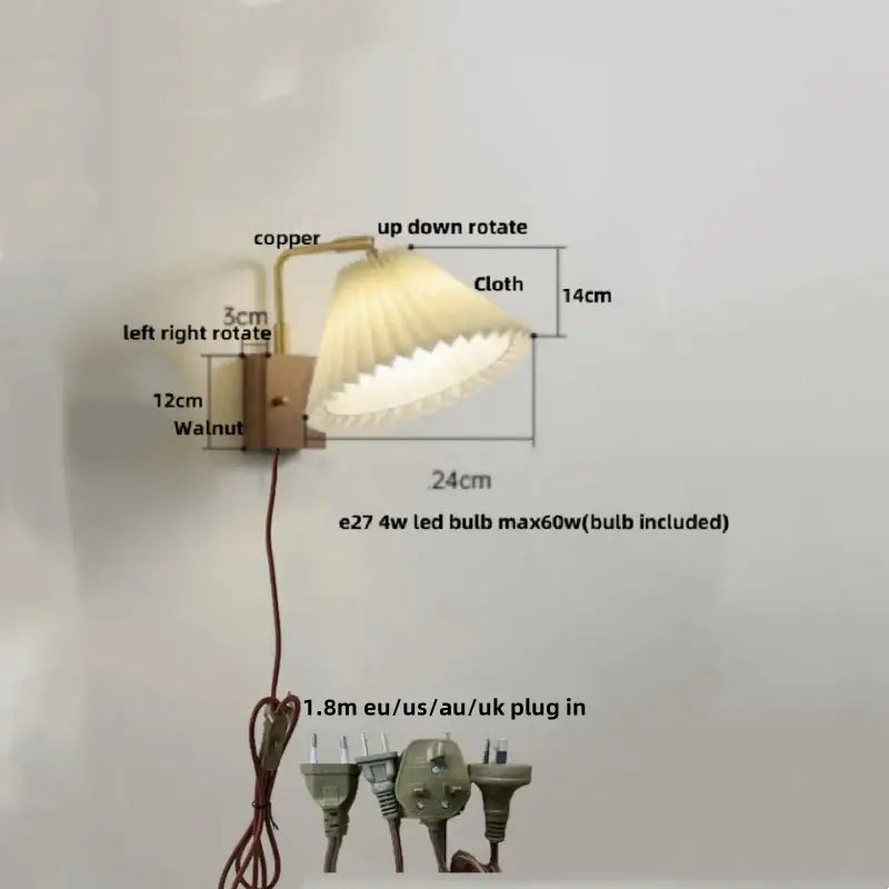 Copper-finished wall light with pleated cream cloth shade and walnut wood base for decorbites led wall bedroom sconce