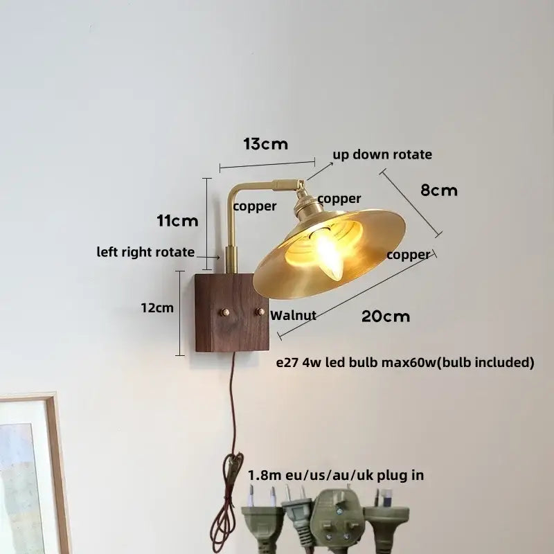 Copper-finished industrial brass and walnut led wall light with adjustable arm and integrated led bulb for bedroom decorbites led wall