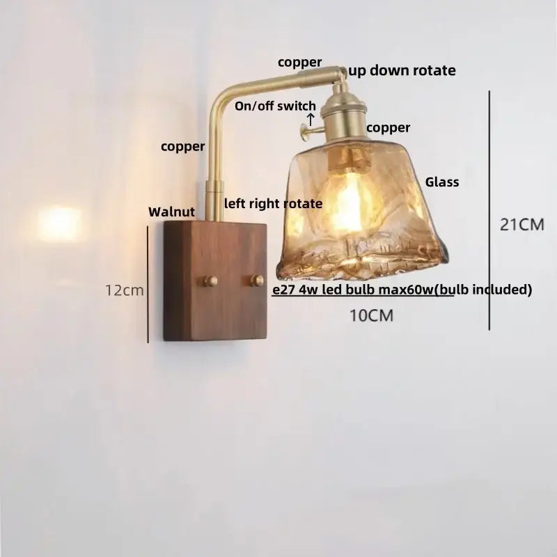 Industrial brass and walnut led wall light with copper and walnut sconce and textured amber glass shade for decorbites led wall light