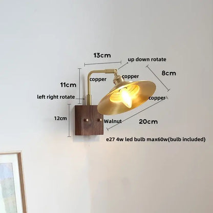 Copper-finished industrial wall light with walnut wood base and adjustable arm featuring an integrated led bulb by decorbites led wall
