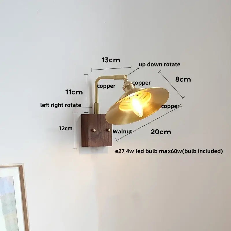Copper-finished industrial wall light with walnut wood base and adjustable arm featuring an integrated led bulb by decorbites led wall