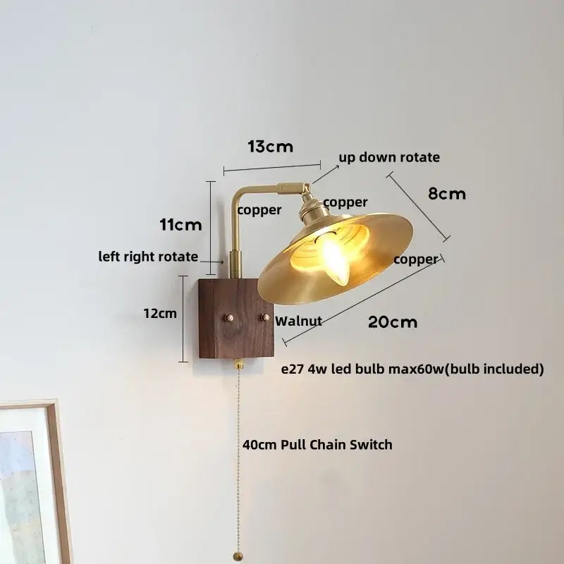 Industrial brass and walnut led wall light with copper finish, adjustable arm, and integrated pull chain switch for decorbites led wall use