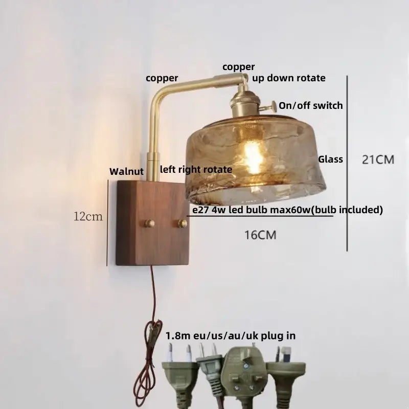 Industrial brass and walnut led wall light with copper and walnut sconce and textured glass shade for bedroom decorbites led wall