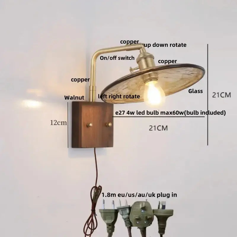 Copper-finished industrial brass and walnut led wall light with wooden base and glass shade for bedroom decorbites led wall use