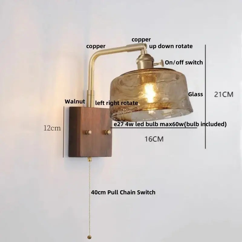 Copper and glass industrial brass and walnut led wall light with walnut wood base for bedroom decorbites led wall light