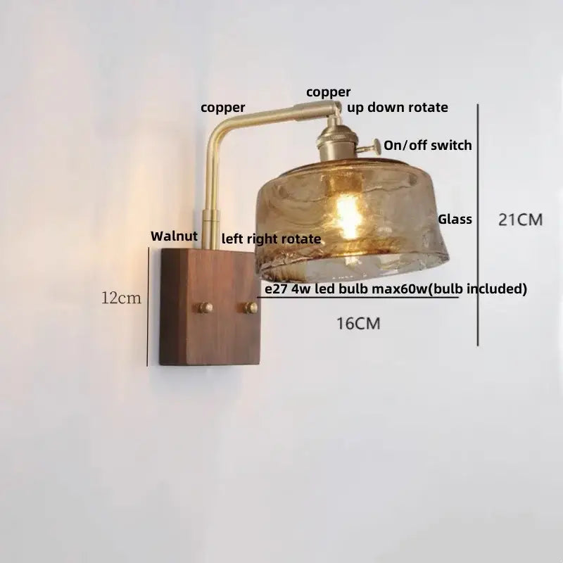 Industrial brass and walnut led wall light with copper and glass sconce for elegant bedroom wall light decorbites led wall