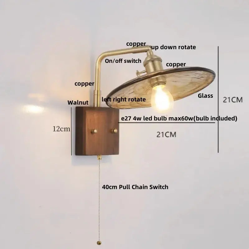 Copper and walnut industrial brass led wall light with glass shade and adjustable arm for bedroom decorbites led wall use
