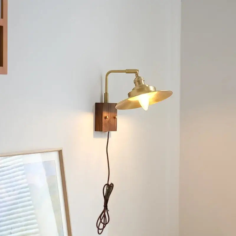 Industrial brass and walnut led wall light with curved arm wooden base and exposed bulb for bedroom decorbites led wall light