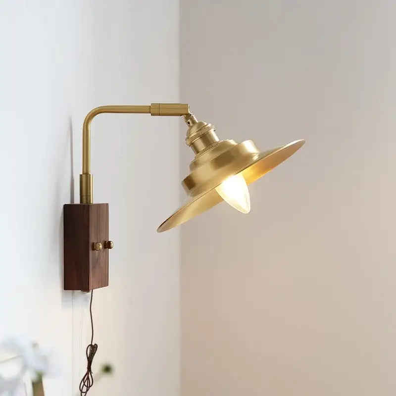 Brass wall light with wooden base and adjustable arm industrial brass and walnut led wall light bedroom sconce decorbites led wall