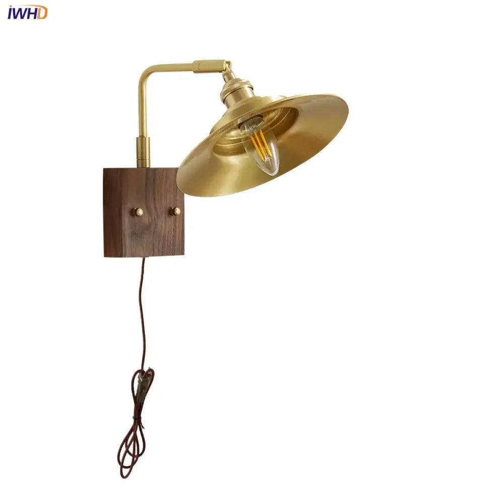 Industrial brass and walnut led wall light with exposed edison bulb mounted on wooden base for bedroom decorbites led wall sconce