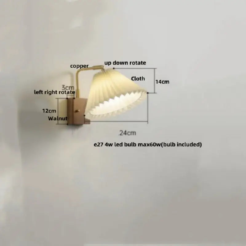 A warm-toned copper industrial brass and walnut led wall light with pleated cream shade for bedroom decorbites led wall