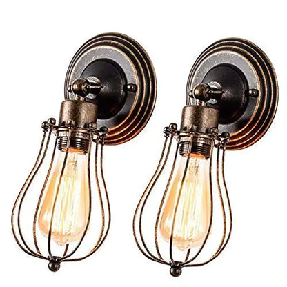 Pair of industrial cage wall sconces with brass-finished metal cages and exposed Edison bulbs for vintage bedroom decorbites industrial cage