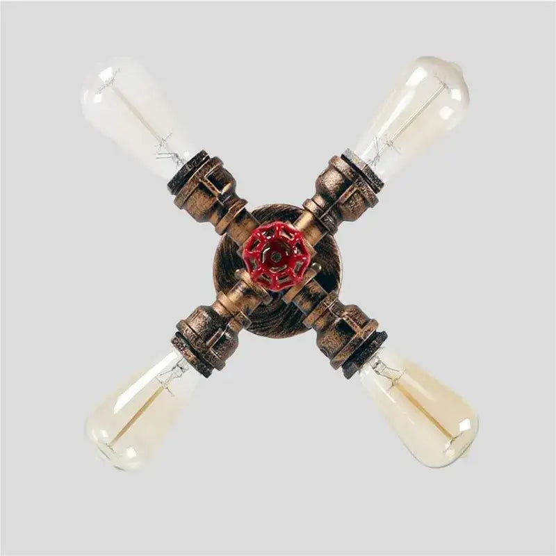 Industrial brass ceiling chandelier with four vintage edison bulbs and a red valve handle for decorbites industrial brass lighting