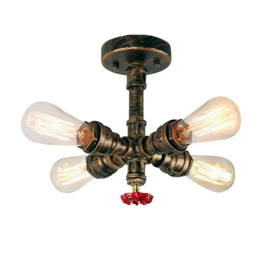 Industrial brass ceiling chandelier with four exposed filament bulbs dark bronze pipes and red decorative knob for dining room decorbites industrial brass