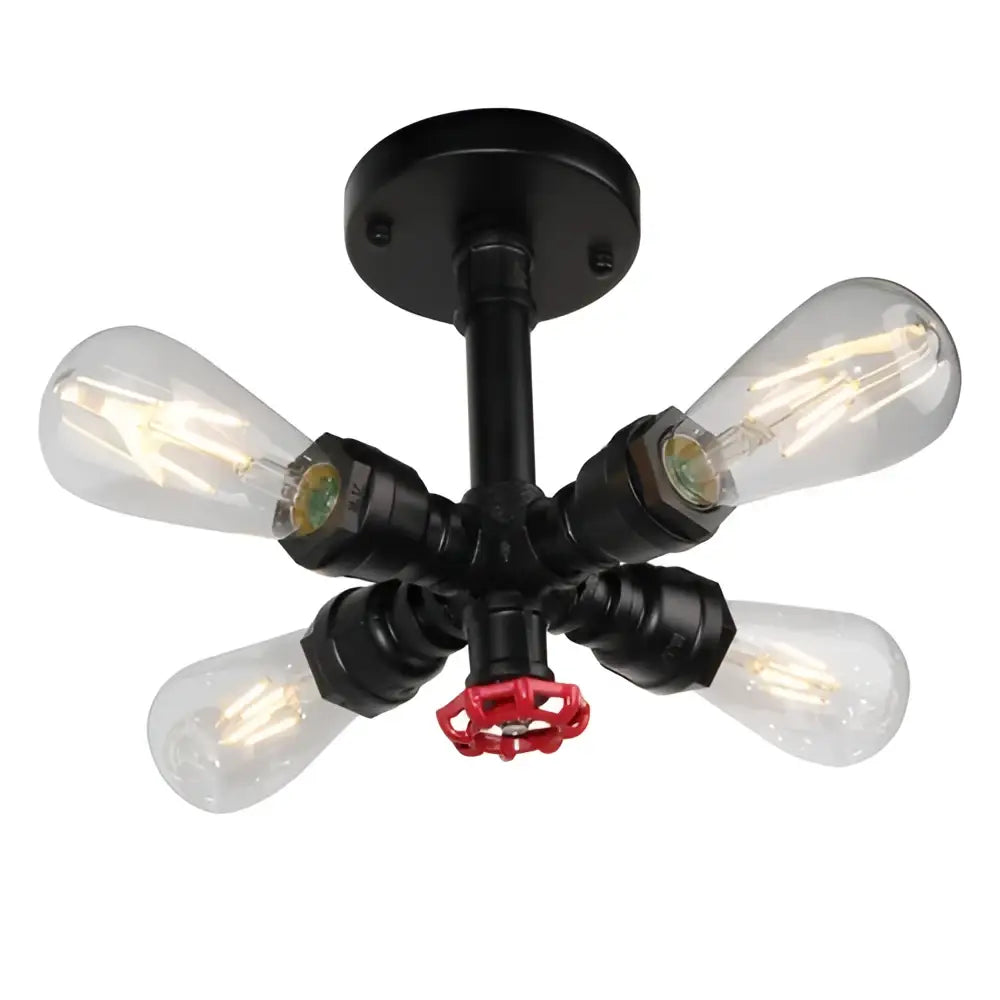Black industrial brass ceiling chandelier with four clear glass filament bulbs and red valve handle for dining room decorbites industrial brass