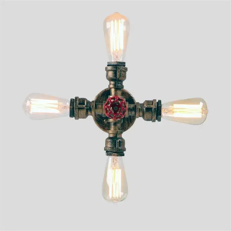 Industrial brass ceiling chandelier with four exposed filament bulbs and red valve on aged brass pipe frame decorbites industrial brass