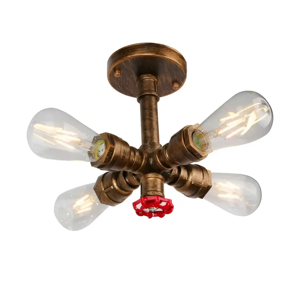 Industrial brass ceiling chandelier featuring brass-finished pipes and clear filament bulbs for dining room decorbites industrial brass lighting