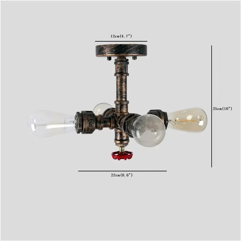 Industrial brass ceiling chandelier with dark bronze pipe design, three filament bulbs, and red valve handle by decorbites industrial brass