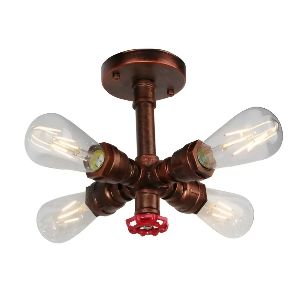 Industrial brass ceiling chandelier with four clear glass bulbs and a red valve on a copper pipe frame for dining room decorbites industrial brass