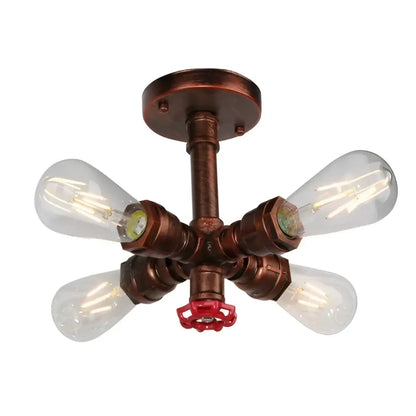 Industrial brass ceiling chandelier with four clear glass bulbs and a red valve on a copper pipe frame for dining room decorbites industrial brass