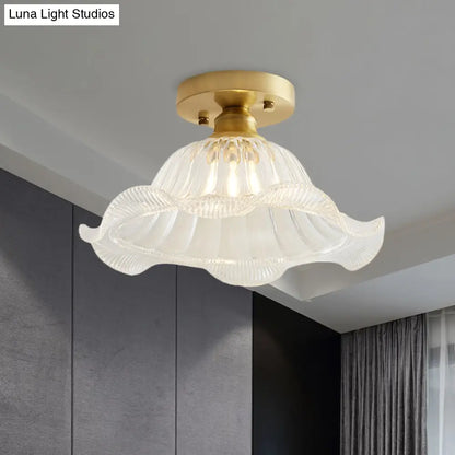 Industrial Brass Ceiling Light with Scalloped Texture - Living Room Semi Flush - One Light