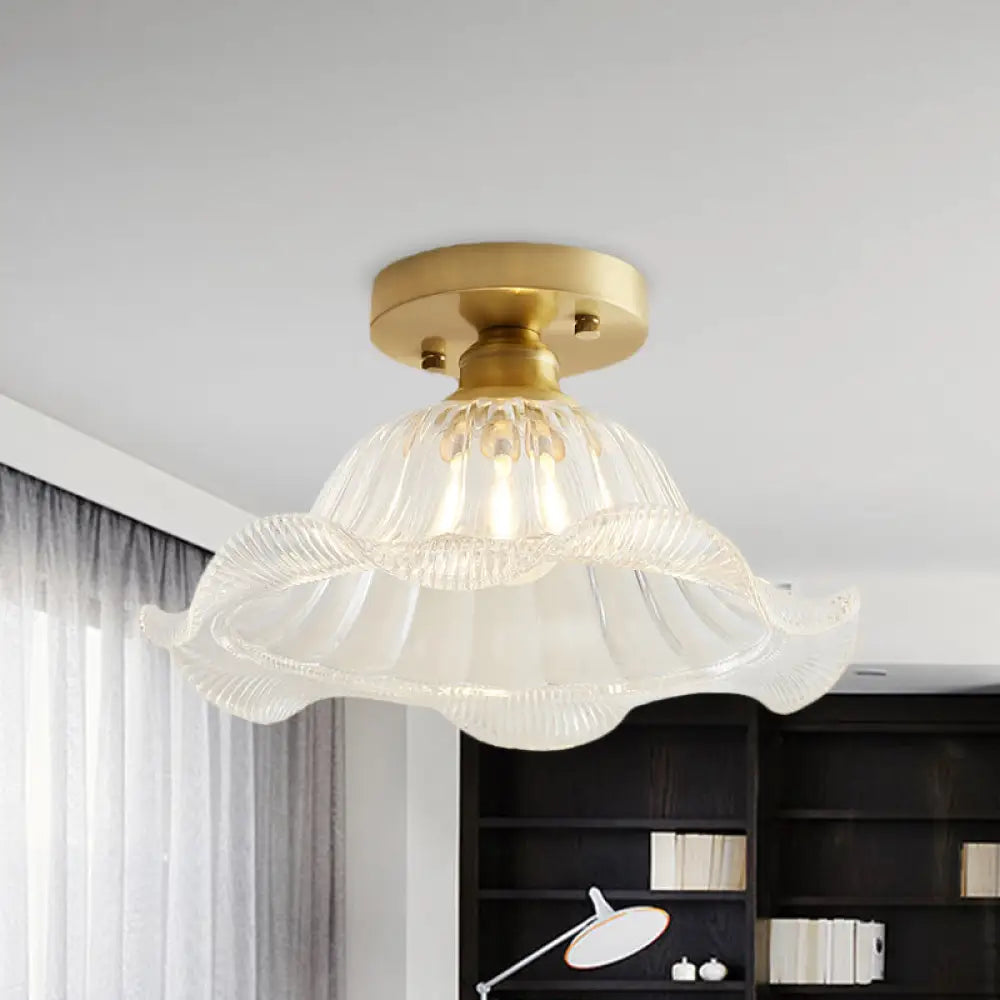 Industrial Brass Ceiling Light with Scalloped Texture - Living Room Semi Flush - One Light