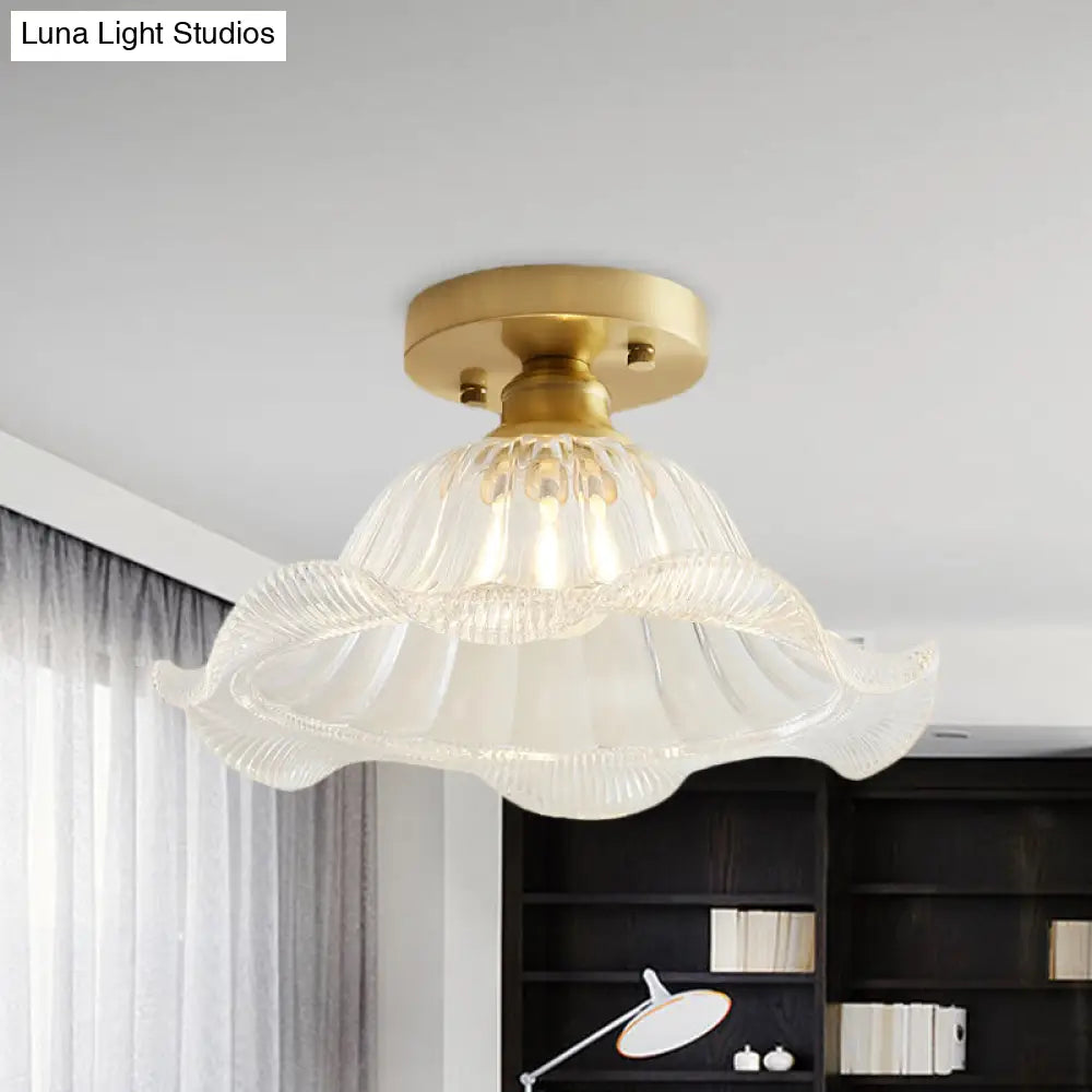 Industrial Brass Ceiling Light with Scalloped Texture - Living Room Semi Flush - One Light