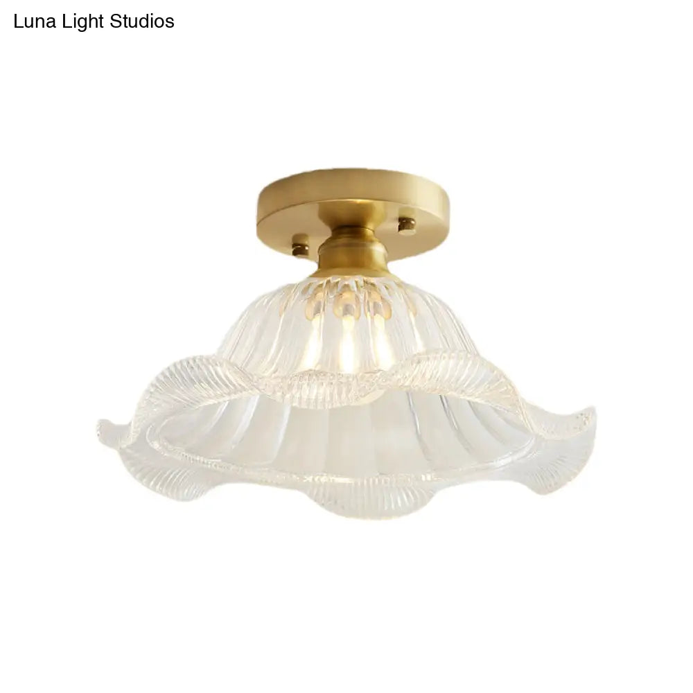 Industrial Brass Ceiling Light with Scalloped Texture - Living Room Semi Flush - One Light