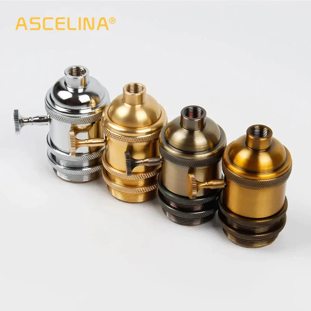 Industrial brass and chrome lamp base holder with Ascelina vintage style lamp socket caps in silver brass and bronze finishes