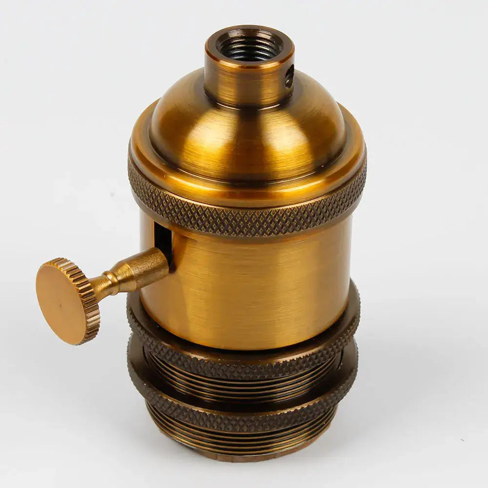 Antique brass-finished industrial lamp base holder with textured knurled bands and decorative knob for dining room pendant