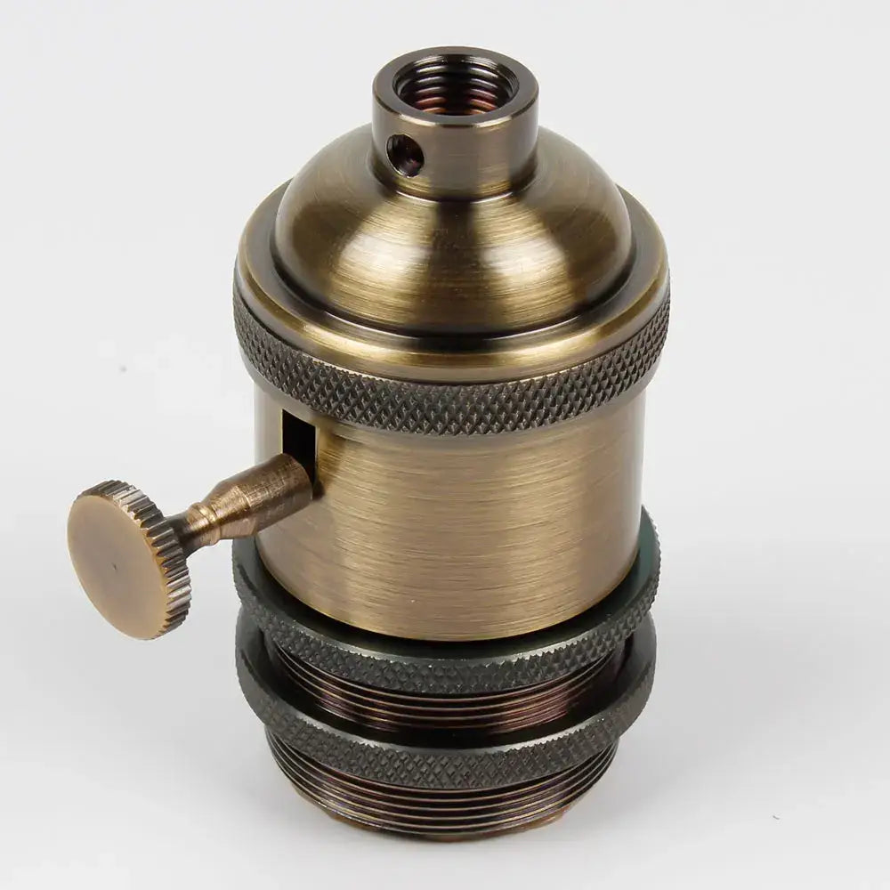 Antique brass-finished vintage lamp base holder with textured knurled bands and decorative knob for dining room pendant