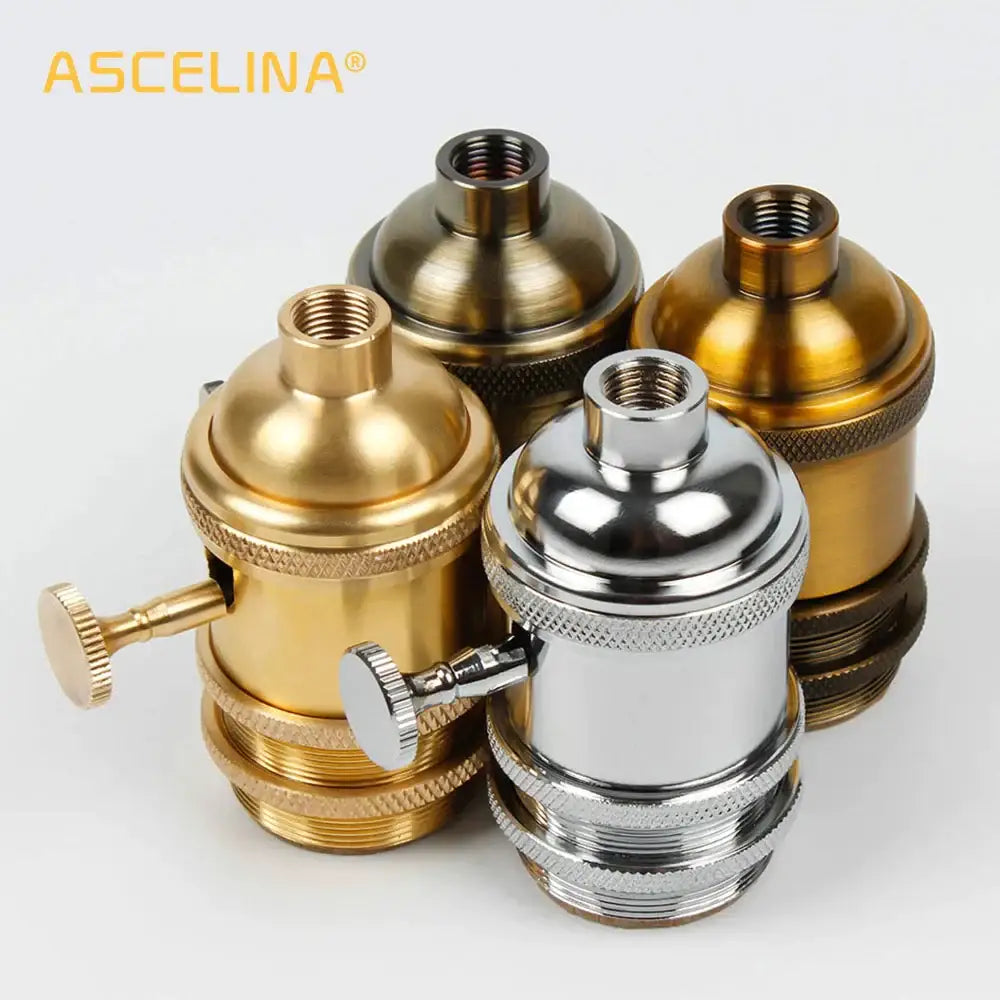 Vintage-style brass and chrome lamp base holder with textured ridged bands and threaded tops for dining pendant use